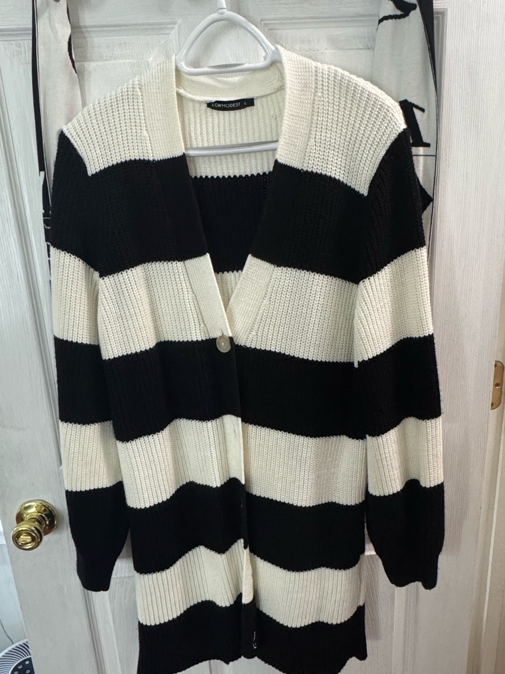 Long Black and White Striped Knit Cardigan Sweater